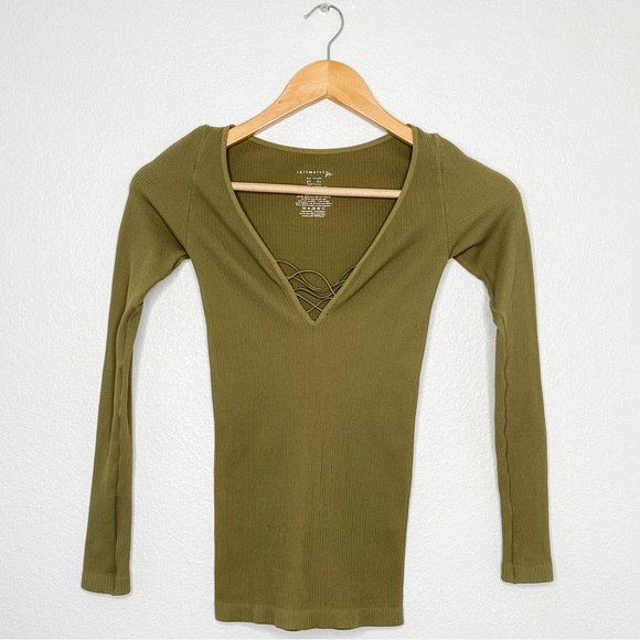 Free People Intimately Ribbed V-neck Long Sleeve Green/Sage Top Size XS/S - Picture 2 of 16